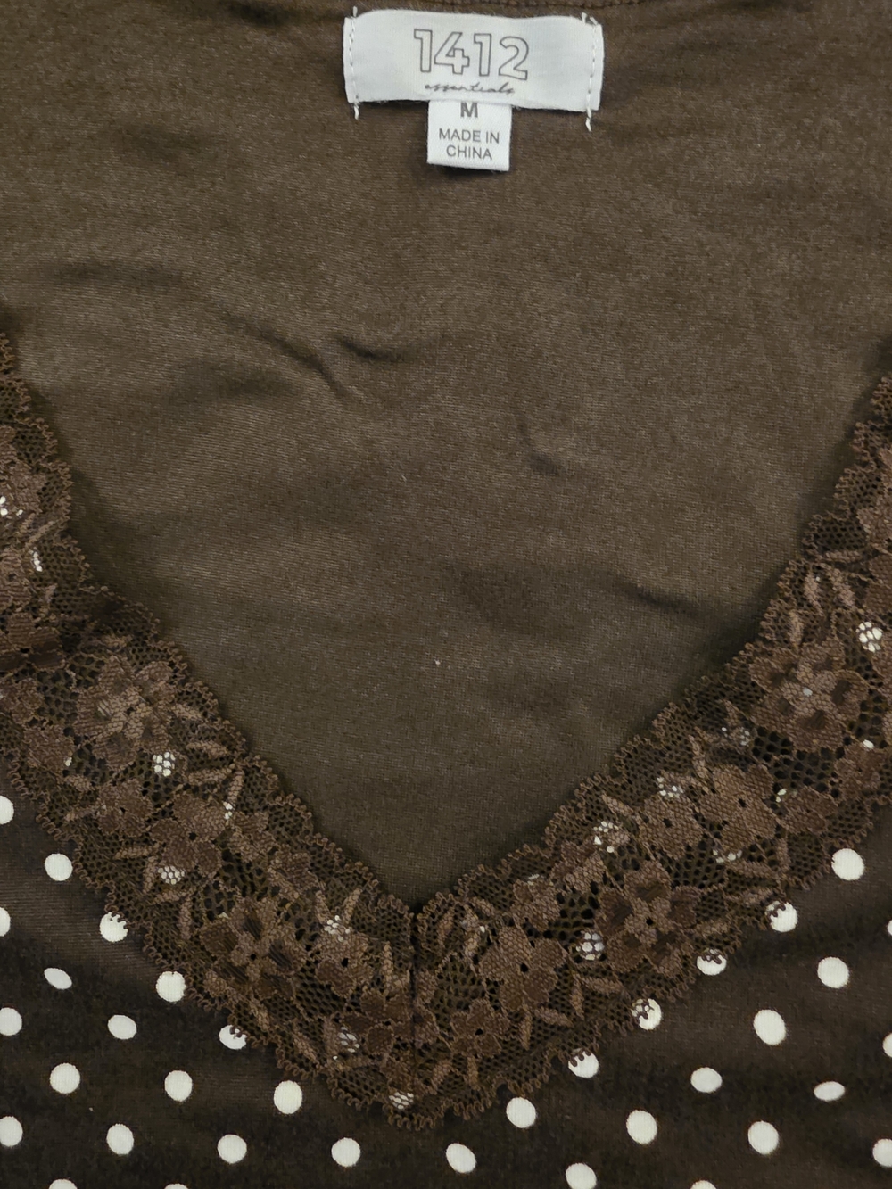 NWT 1412 Polka Dot Vintage Y2K Inspired Lace-Trim V-Neck Top Brown White Medium - Picture 2 of 6